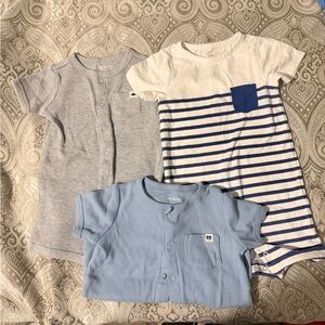 Children's Short Sleeve Stripe and Solid Romper Set - Blue & White
